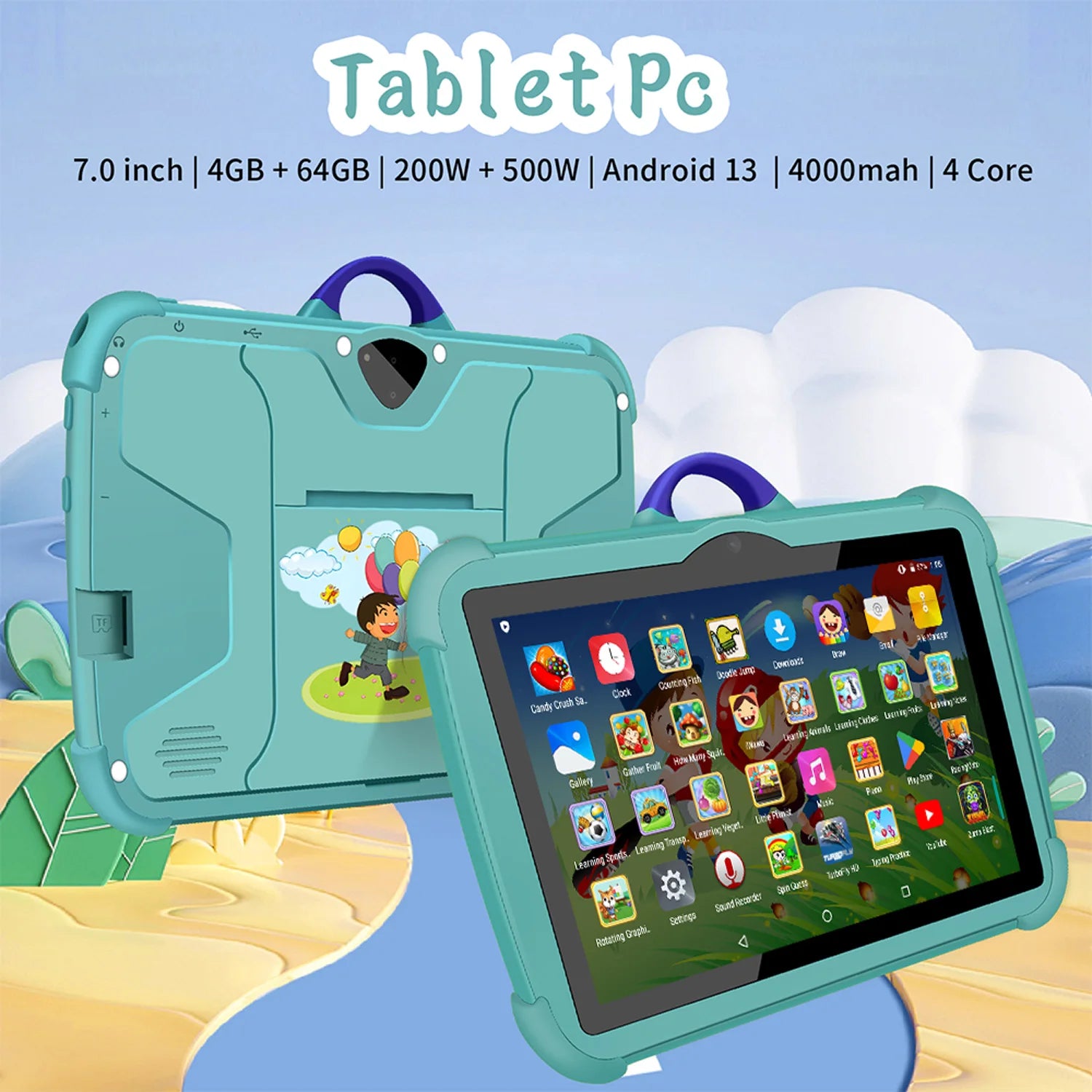 Tablet Infantil BDF 7" | Android 13 | 4GB RAM + 64GB | Quad-Core | WiFi | 4000mAh | Verde, Rosa, Naranja, Azul