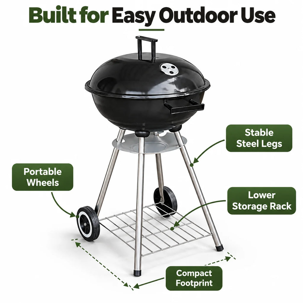 Charcoal BBQ Grill | Wheels & Storage Shelves | Outdoor Cooking