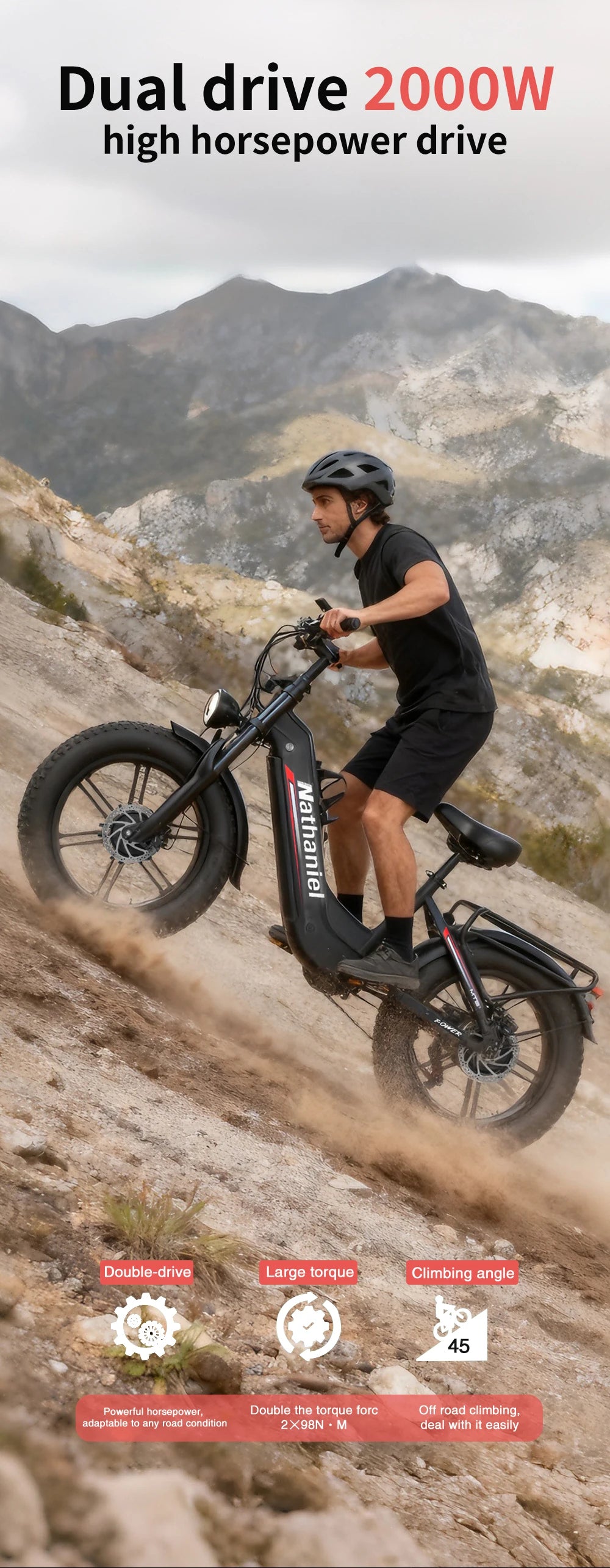 E-Bike 20" Doble Motor 2x1000W | 48V 20Ah Extraíble | 50km/h | Shimano 7v | Frenos Hidráulicos | Marco Aluminio | Adultos
