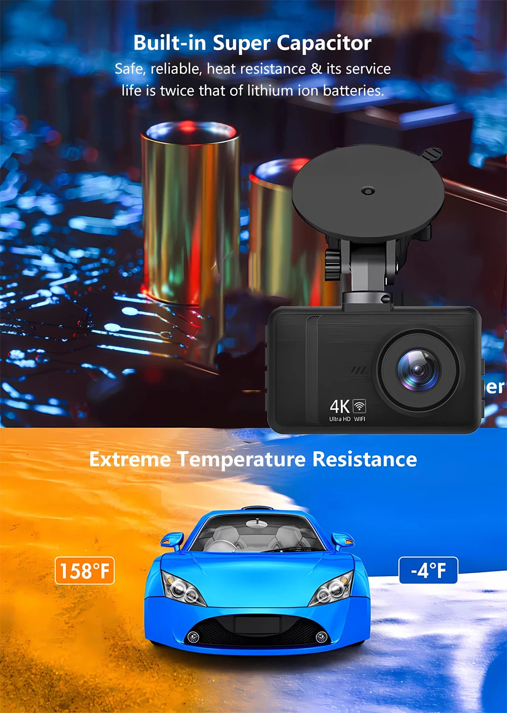 Dashcam 4K+2.5K WiFi GPS Doble Lente – Visión Nocturna, Monitor Estacionamiento 24H, Caja Negra