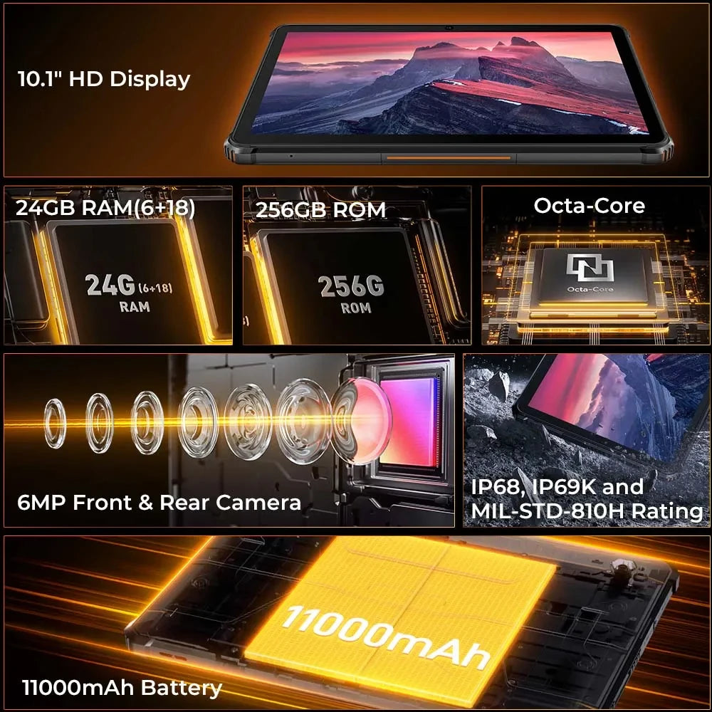 Tablet Robusta Oukitel RT9 10.1" | Android 14 | 24GB RAM + 256GB | 4G LTE | 11000mAh | Resistente al Agua | Huella Digital