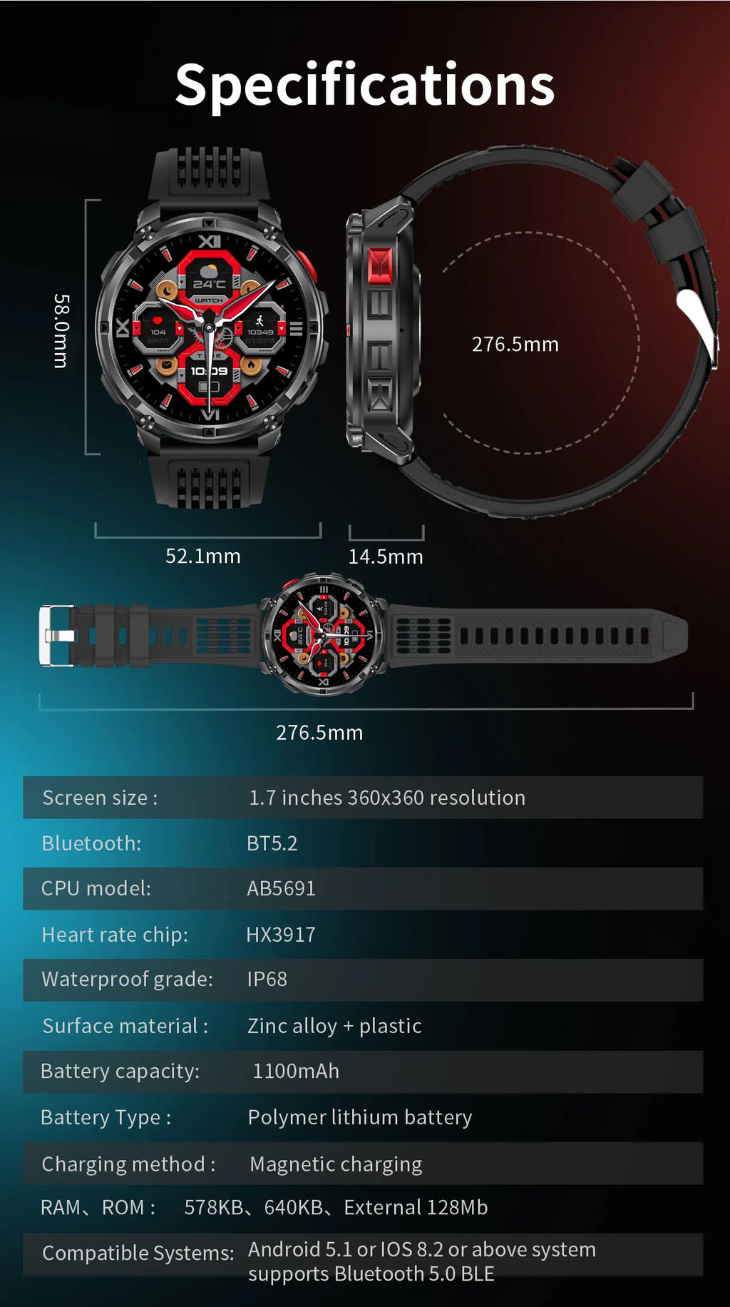 T-REX 3 | Smartwatch Militar 1100mAh | AMOLED 1.7", 10ATM, GPS, 170+ Modos, Linterna LED
