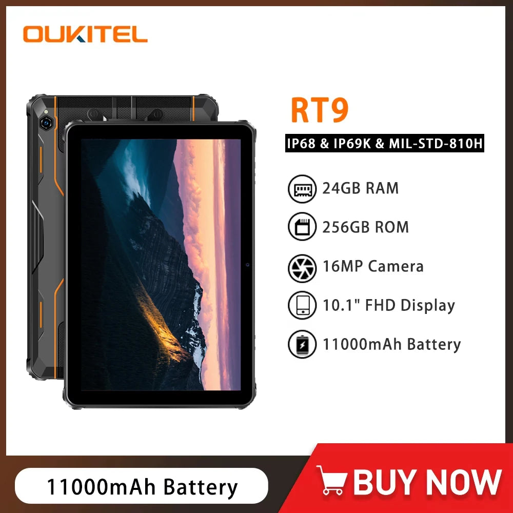 Tablet Robusta Oukitel RT9 10.1" | Android 14 | 24GB RAM + 256GB | 4G LTE | 11000mAh | Resistente al Agua | Huella Digital