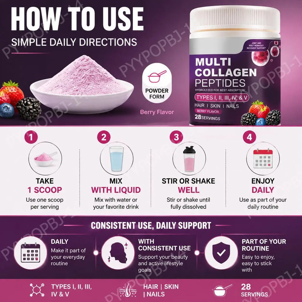 Multi Collagen Peptides Powder | Types I II III IV V | Hair, Skin, Nails & Joint Support | Berry Flavor | 28 Servings