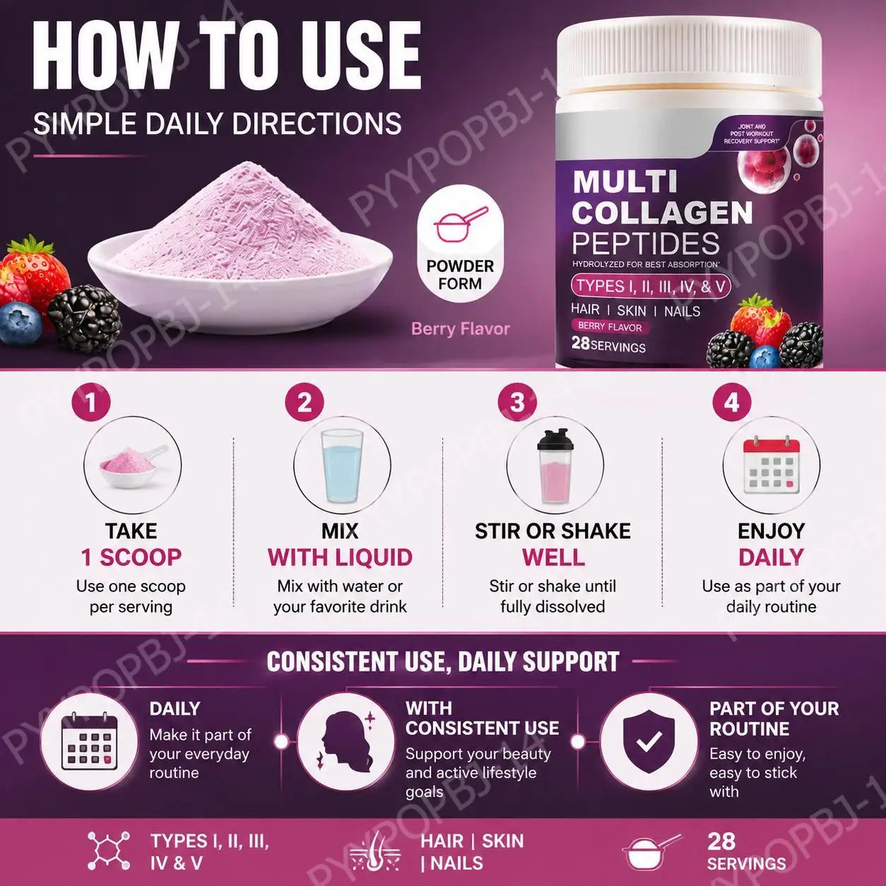 Multi Collagen Peptides Powder | Types I II III IV V | Hair, Skin, Nails & Joint Support | Berry Flavor | 28 Servings
