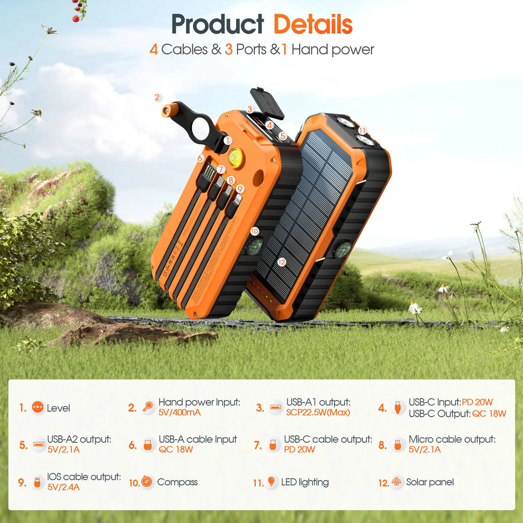 20000mAh Solar Hand-Crank Power Bank | 22.5W