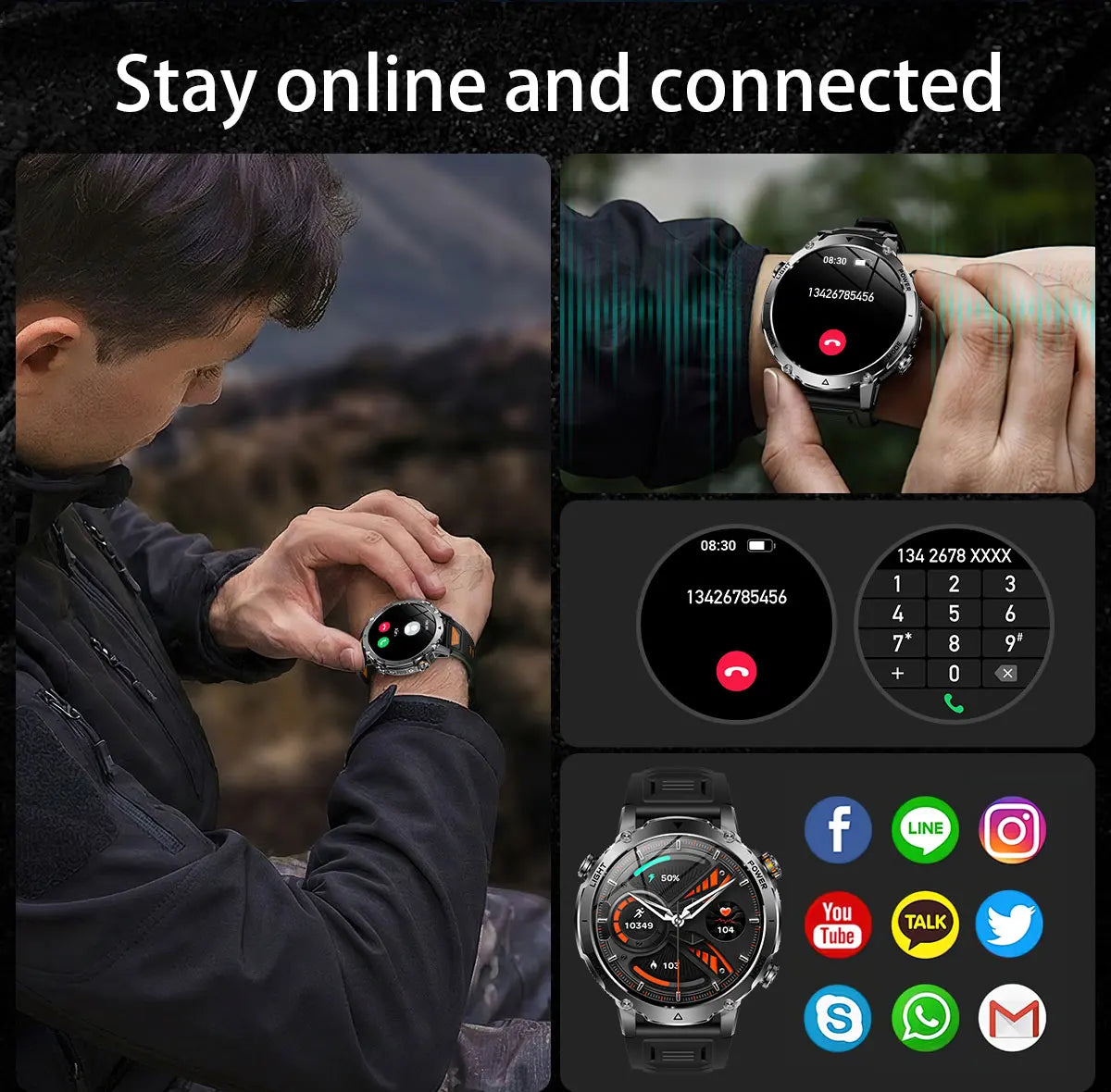 Flttoltn AK106 | Smartwatch Militar 1400mAh | AMOLED 1.7", IP69K, Linterna LED, 100+ Deportes