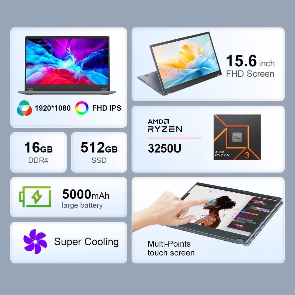 Ninkear YBook15 Laptop 2-in-1 15.6" | AMD Ryzen 3, 16GB RAM, 512GB SSD | Touch 360°, Windows 11