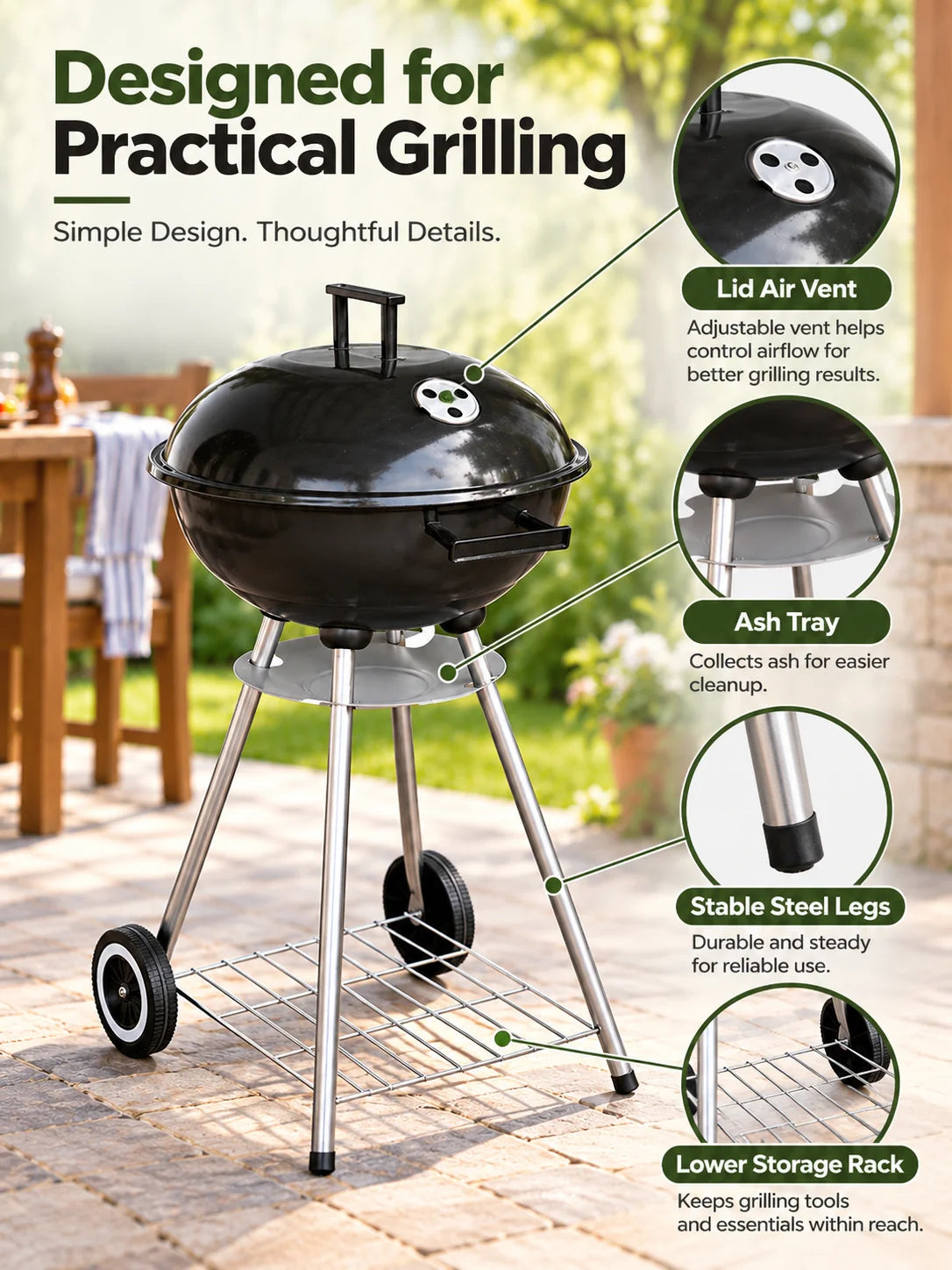 Charcoal BBQ Grill | Wheels & Storage Shelves | Outdoor Cooking