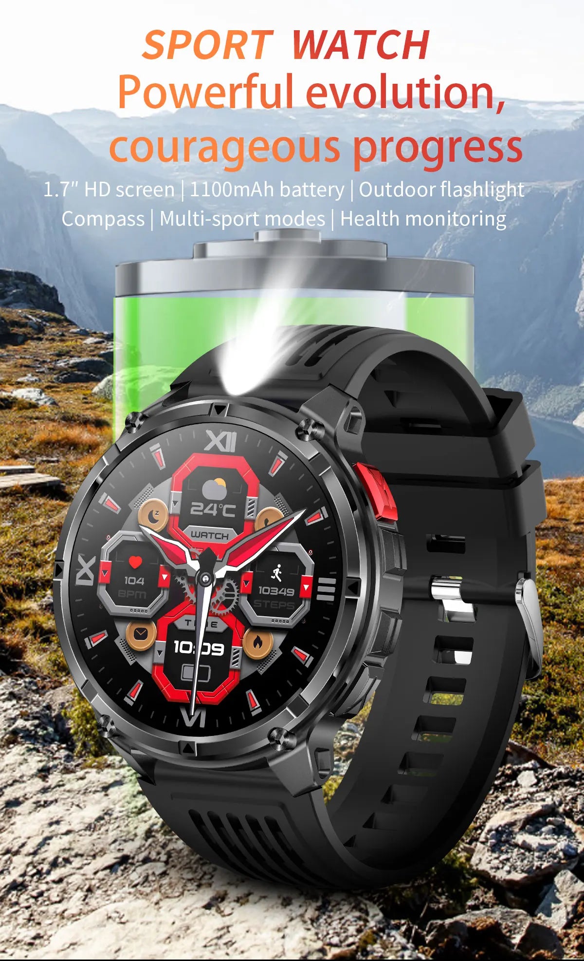 T-REX 3 | Smartwatch Militar 1100mAh | AMOLED 1.7", 10ATM, GPS, 170+ Modos, Linterna LED
