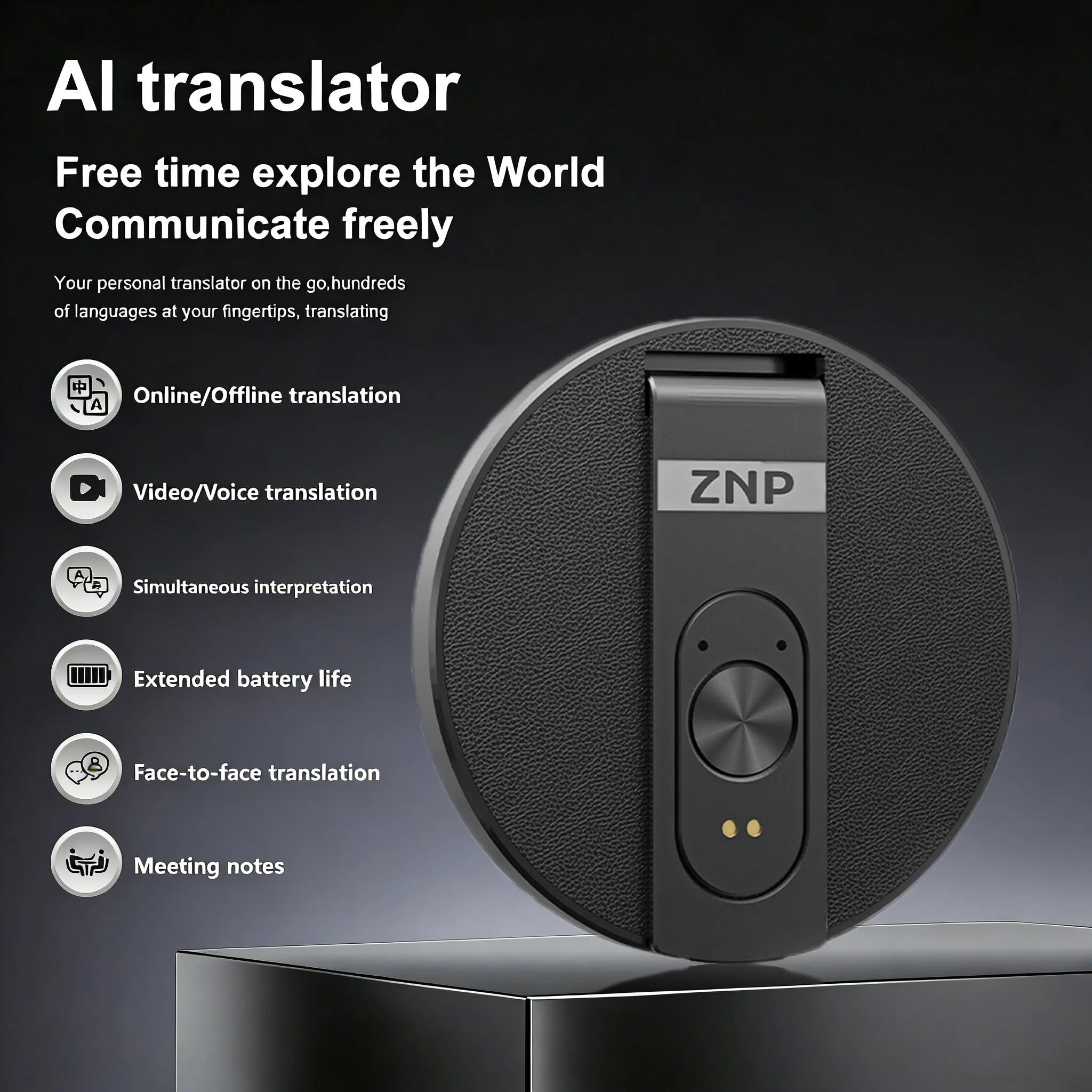 Traductor de Voz IA ZNP | Bluetooth Inalámbrico | 150+ Idiomas | Magnético Ultra-Delgado | Offline | Soporte para Teléfono | 30h Batería
