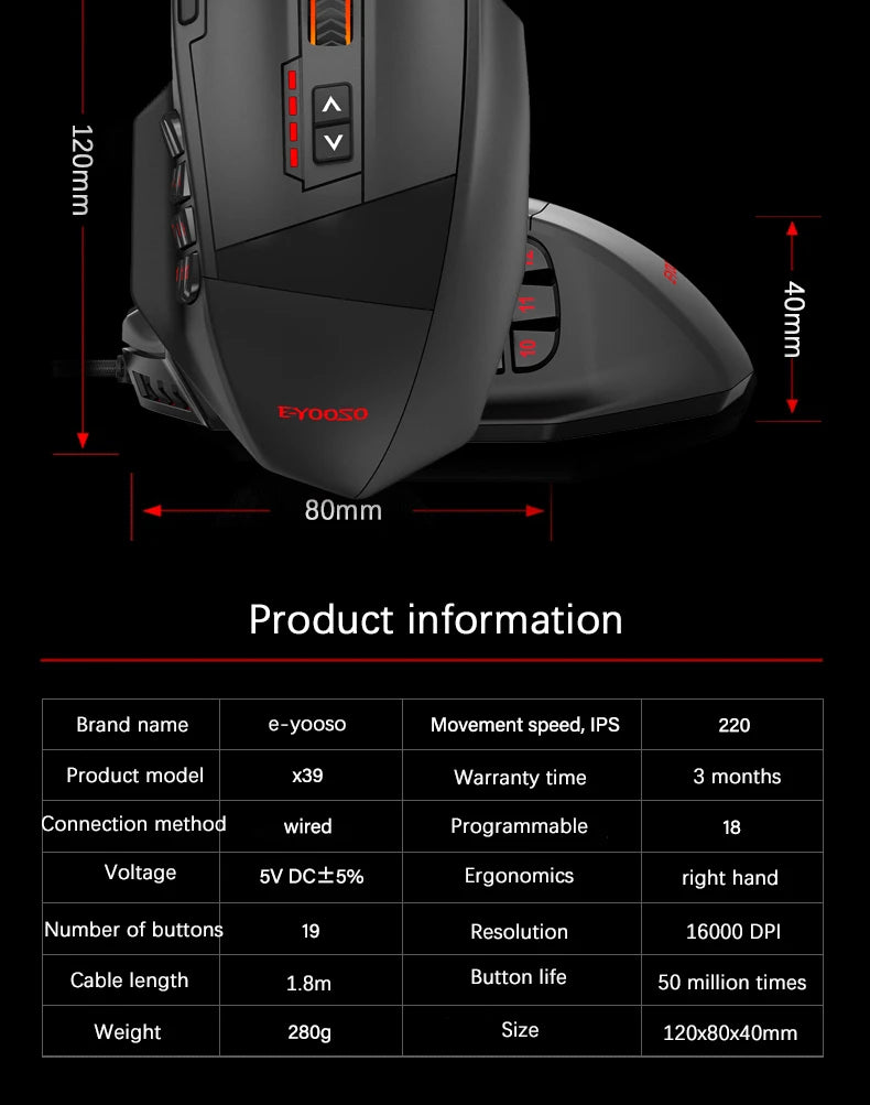 E-YOOSO X39 Wired Gaming Mouse | 12400 DPI | 17 Buttons RGB | Pixart PAW3327 | MMO