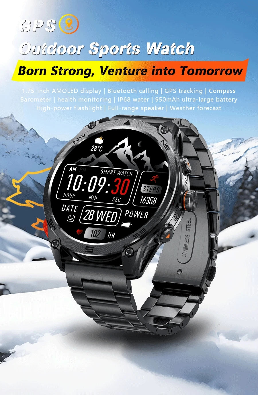 Smartwatch Militar GPS 2025 | AMOLED 1.75" | Batería 1000mAh | Linterna LED | Brújula | Barómetro