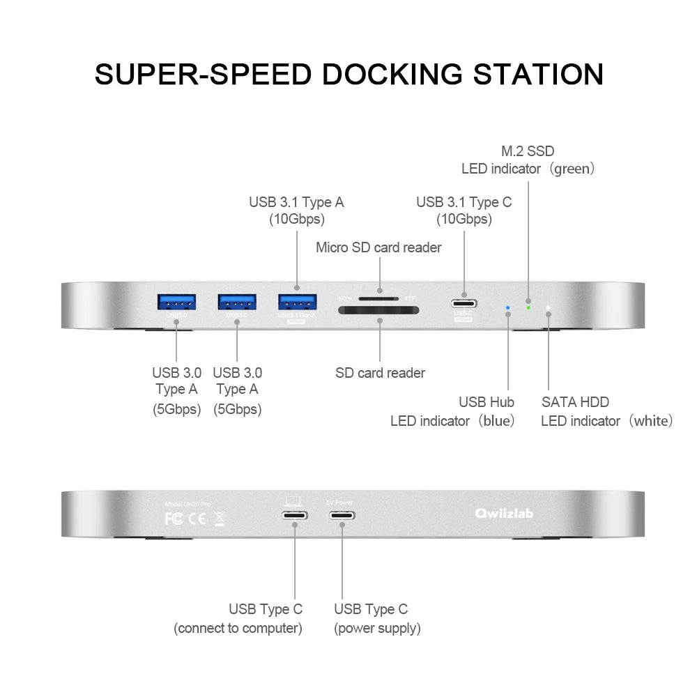 Qwiizlab UH25 Pro USB-C Hub for Mac Mini M1/M2 | 10 Ports | NVMe + SATA SSD | 10Gbps | SD/TF