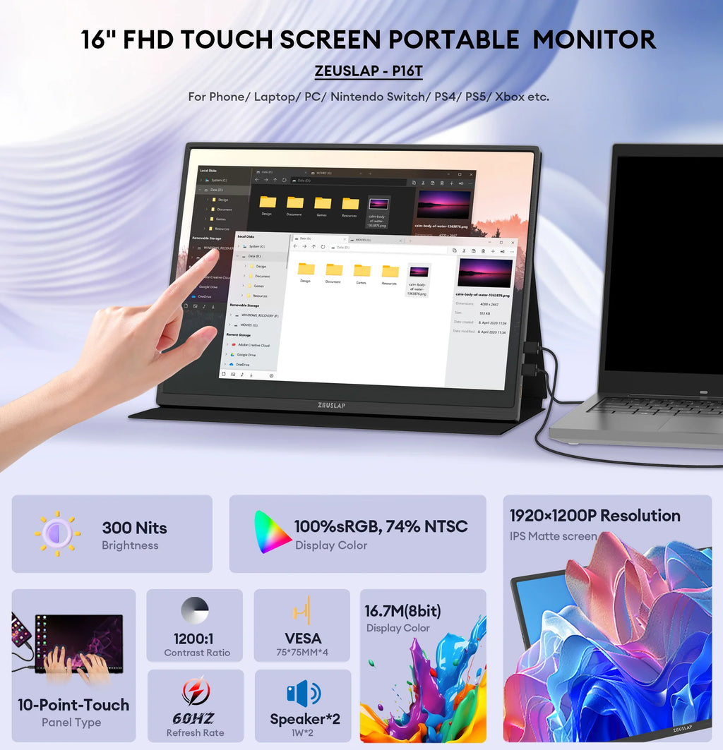 ZEUSLAP P16T | Monitor Portátil Táctil 16" 1200P IPS | 100% sRGB, HDR10, Type-C, VESA