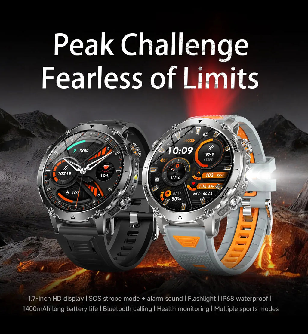 Flttoltn AK106 | Smartwatch Militar 1400mAh | AMOLED 1.7", IP69K, Linterna LED, 100+ Deportes