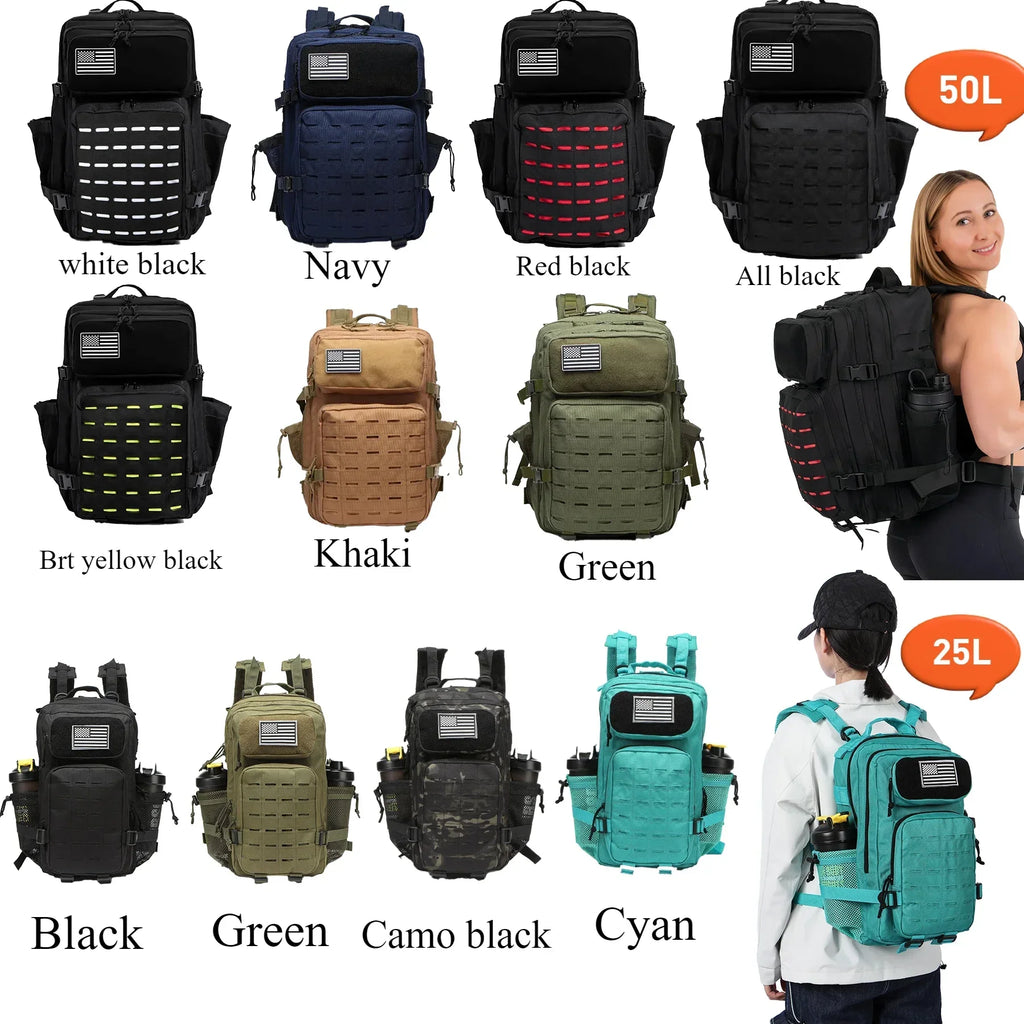 Waterproof Backpack 25L/50L | Gym, Hiking, Travel & Laptop Bag | Dual Bottle Holders | 12 Colors