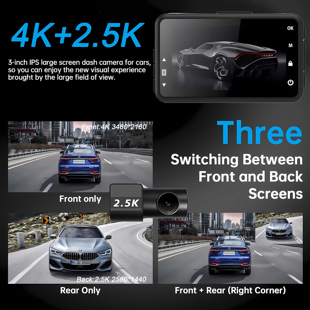 Dashcam 4K+2.5K WiFi GPS Doble Lente – Visión Nocturna, Monitor Estacionamiento 24H, Caja Negra