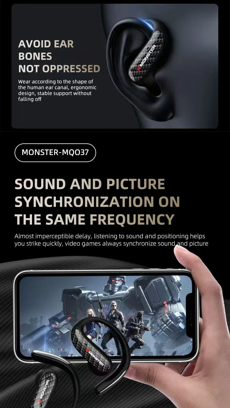 Monster MQO37 - Auriculares Gaming TWS Bluetooth 6.0 | ANC | OWS Ear Hook | HiFi