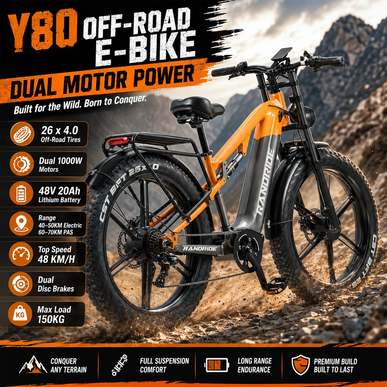 Y80 Bicicleta Eléctrica de Montaña | Doble Motor 2000W | 48V 20Ah | Fat Tire 26x4.0 | 48km/h | Frenos Disco | E-MTB