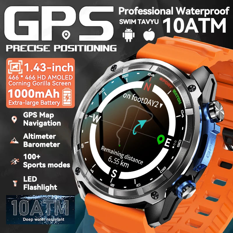 GPS Smartwatch 2025 | AMOLED 1.43" HD Gorilla Glass | 1000mAh | 10ATM Waterproof | Bluetooth Calling | Men Sport | Smartwatch GPS 2025 | AMOLED 1.43" HD Gorilla Glass | 1000mAh | Resistente al Agua 10ATM | Llamadas Bluetooth | Deporte