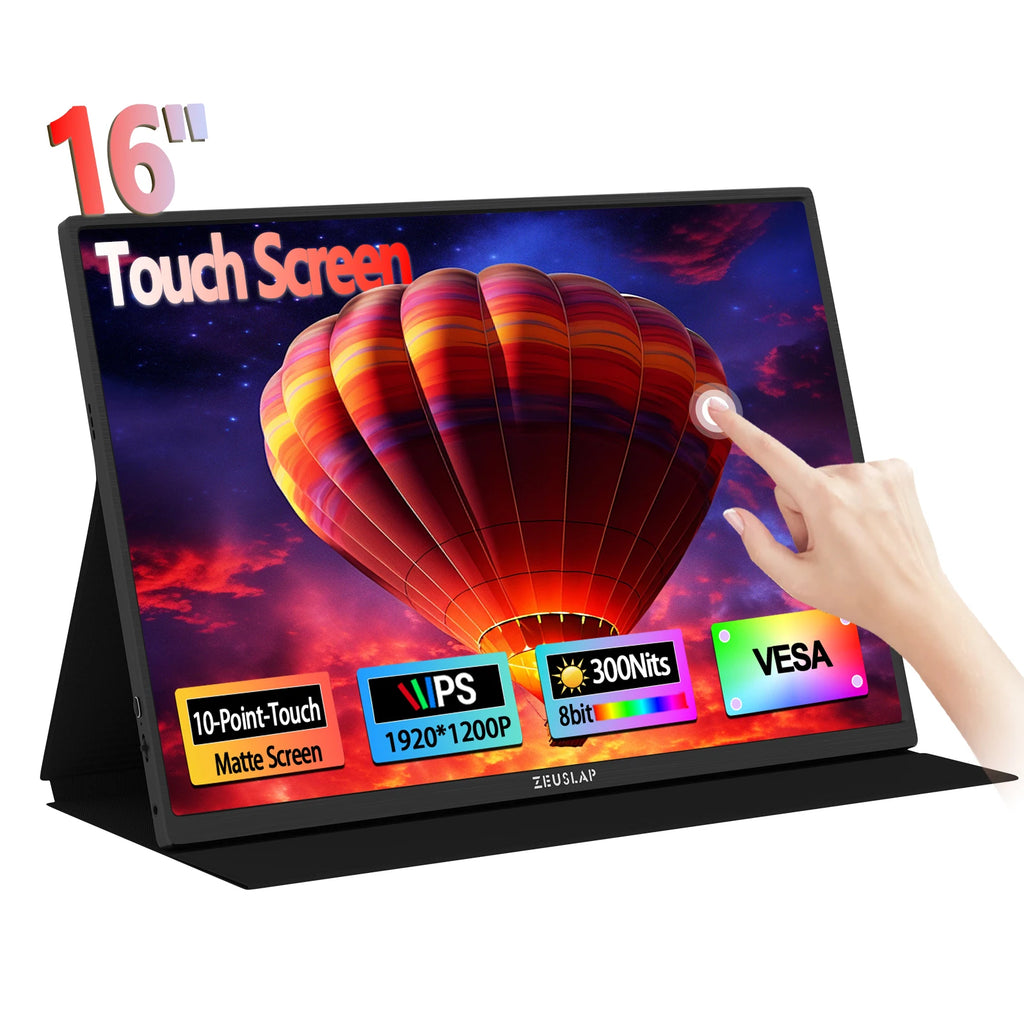 ZEUSLAP P16T | Monitor Portátil Táctil 16" 1200P IPS | 100% sRGB, HDR10, Type-C, VESA