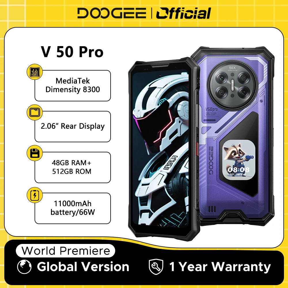 DOOGEE V50 Pro | Rugged Phone 5G | Dimensity 8300 | 200MP | 11000mAh | 1TB | Android 16 | NFC | IP68/IP69K