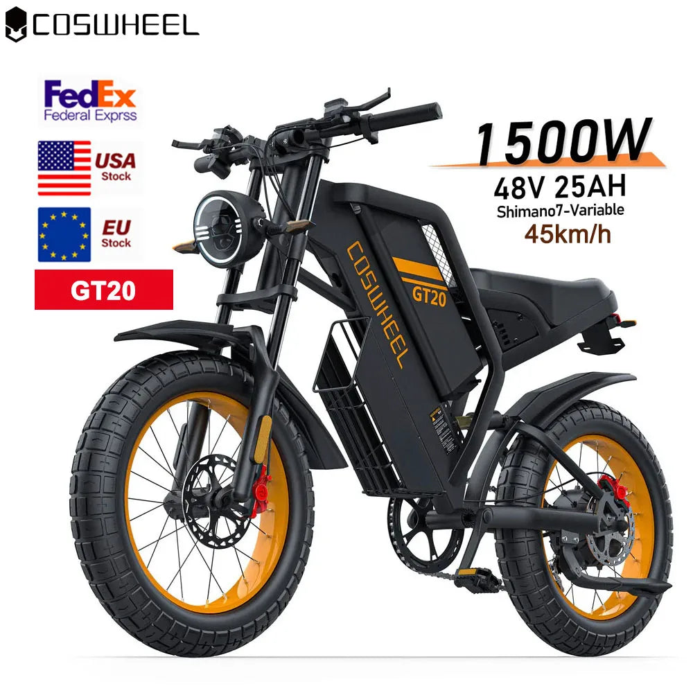 Coswheel GT20 E-Bike | 1500W/2000W/3000W | 60V 25Ah | Fat Tire 20x4.0 | 93 Millas | Shimano 7v | CE UL FCC | Off-Road