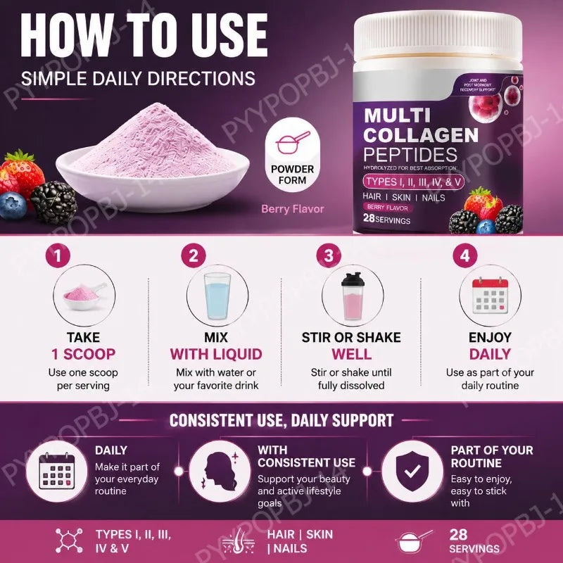 Multi Collagen Peptides Powder | Types I II III IV V | Hair, Skin, Nails & Joint Support | Berry Flavor | 28 Servings