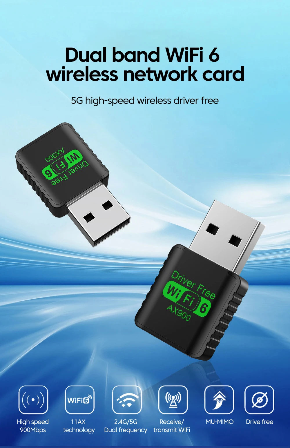 Adaptador USB WiFi + Bluetooth 5.4 900Mbps 2en1 | Doble Banda 2.4G & 5GHz | WiFi 6 | Sin Driver