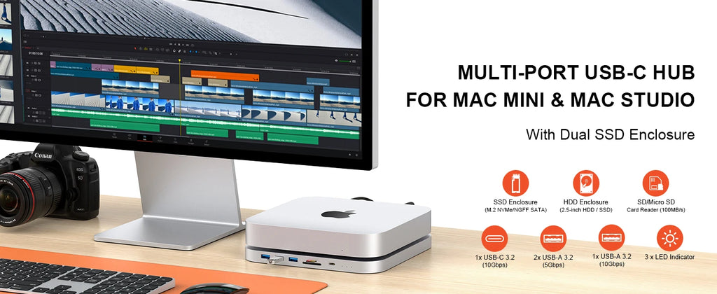 Qwiizlab UH25 Pro USB-C Hub for Mac Mini M1/M2 | 10 Ports | NVMe + SATA SSD | 10Gbps | SD/TF