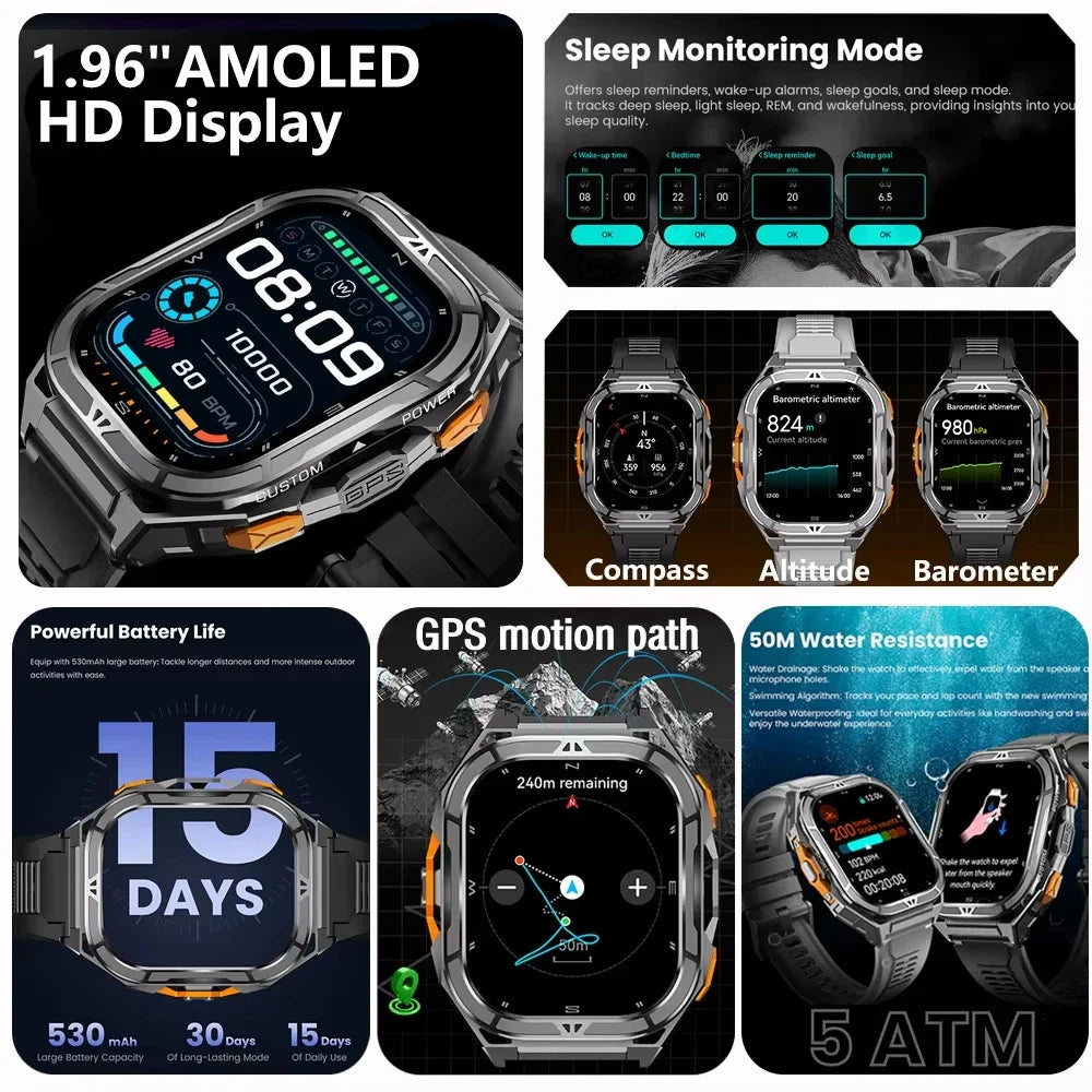GPS Smartwatch 2026 | AMOLED 1.96" HD | Compass | 5ATM Waterproof | Bluetooth Calling | Men Sport | Smartwatch GPS 2026 | AMOLED 1.96" HD | Brújula | Resistente al Agua 5ATM | Llamadas Bluetooth | Deporte