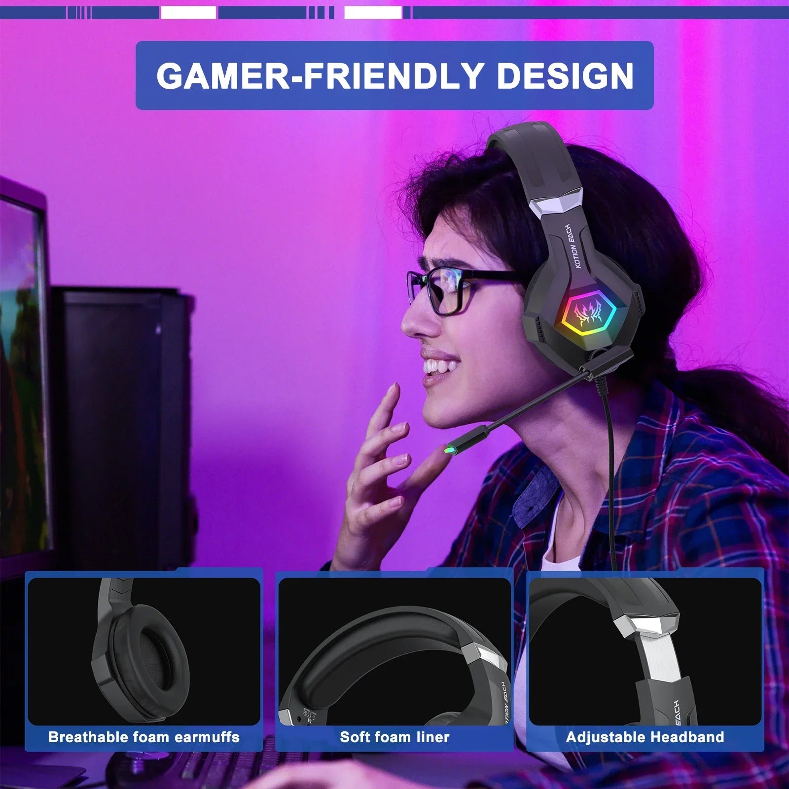 Audífonos Gaming GGBEE GS450 | USB + 3.5mm | RGB | Micrófono 360° | PC/PS4/PS5/Xbox | GGBEE GS450 Gaming Headset USB 3.5mm RGB 360° Mic PC PS4 PS5 Xbox