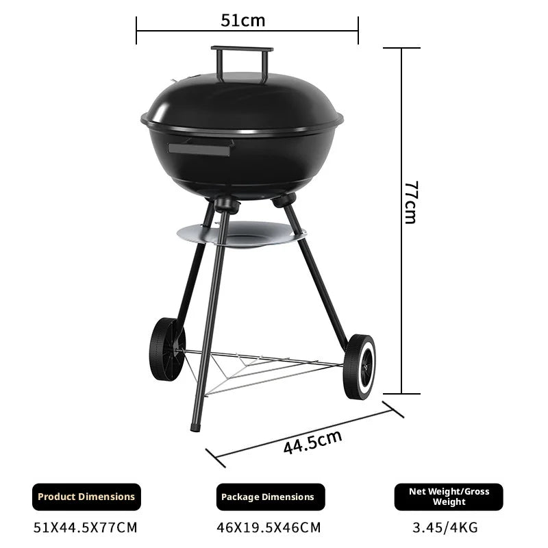 Charcoal BBQ Grill | Wheels & Storage Shelves | Outdoor Cooking