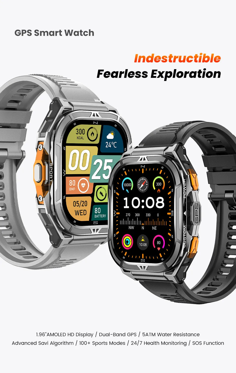GPS Smartwatch 2026 Rugged | AMOLED 1.96" | NFC | 10m Waterproof | Bluetooth 5.3 | Men Outdoor | Smartwatch GPS 2026 Resistente | AMOLED 1.96" | NFC | Resistente al Agua 10m | Bluetooth 5.3 | Hombre Exterior