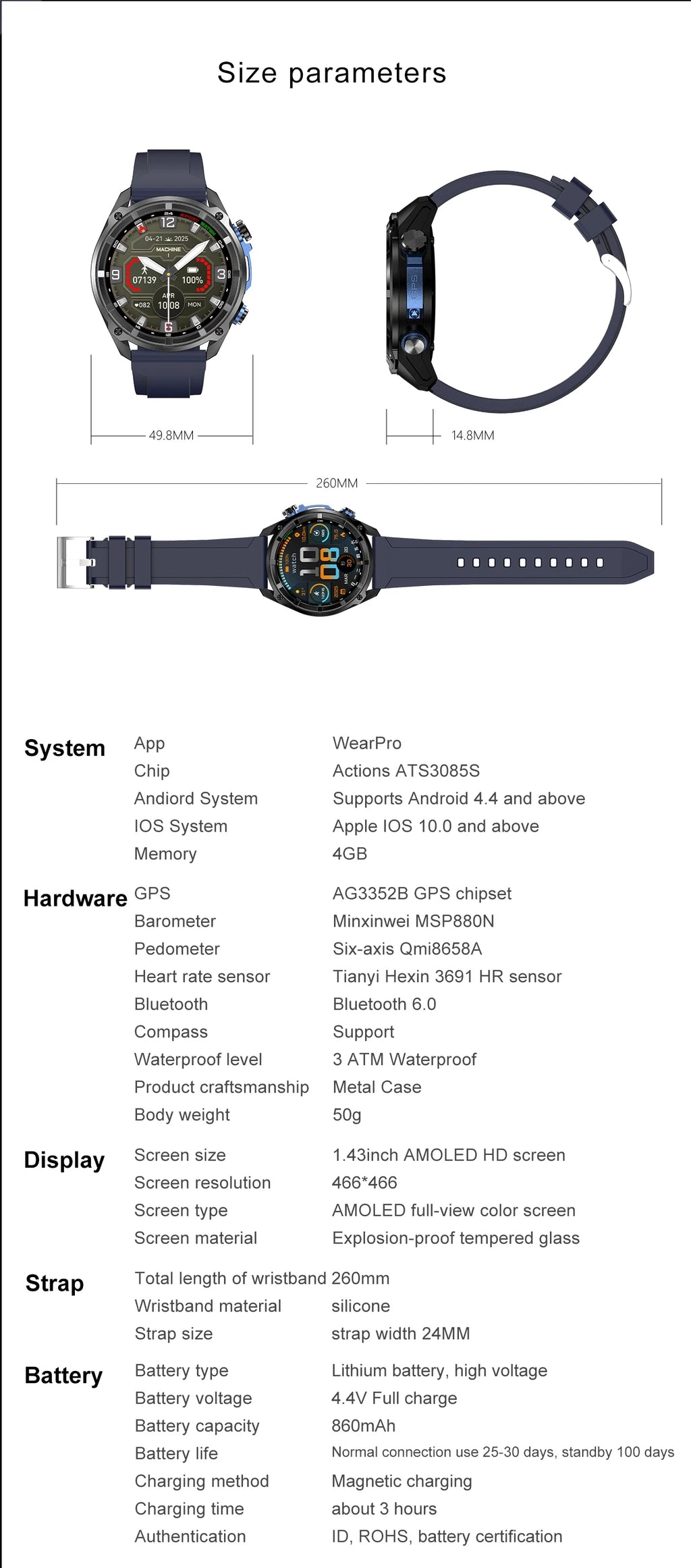 GPS Smartwatch 2025 | AMOLED 1.43" HD Gorilla Glass | 1000mAh | 10ATM Waterproof | Bluetooth Calling | Men Sport | Smartwatch GPS 2025 | AMOLED 1.43" HD Gorilla Glass | 1000mAh | Resistente al Agua 10ATM | Llamadas Bluetooth | Deporte