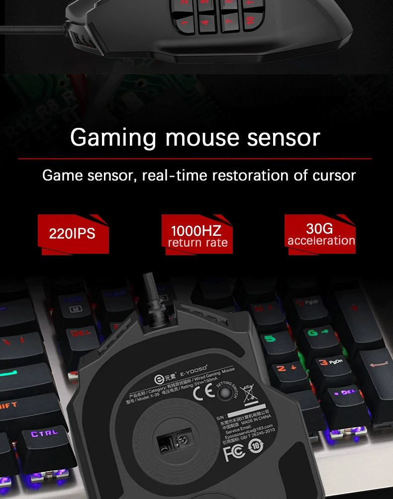 E-YOOSO X39 Wired Gaming Mouse | 12400 DPI | 17 Buttons RGB | Pixart PAW3327 | MMO
