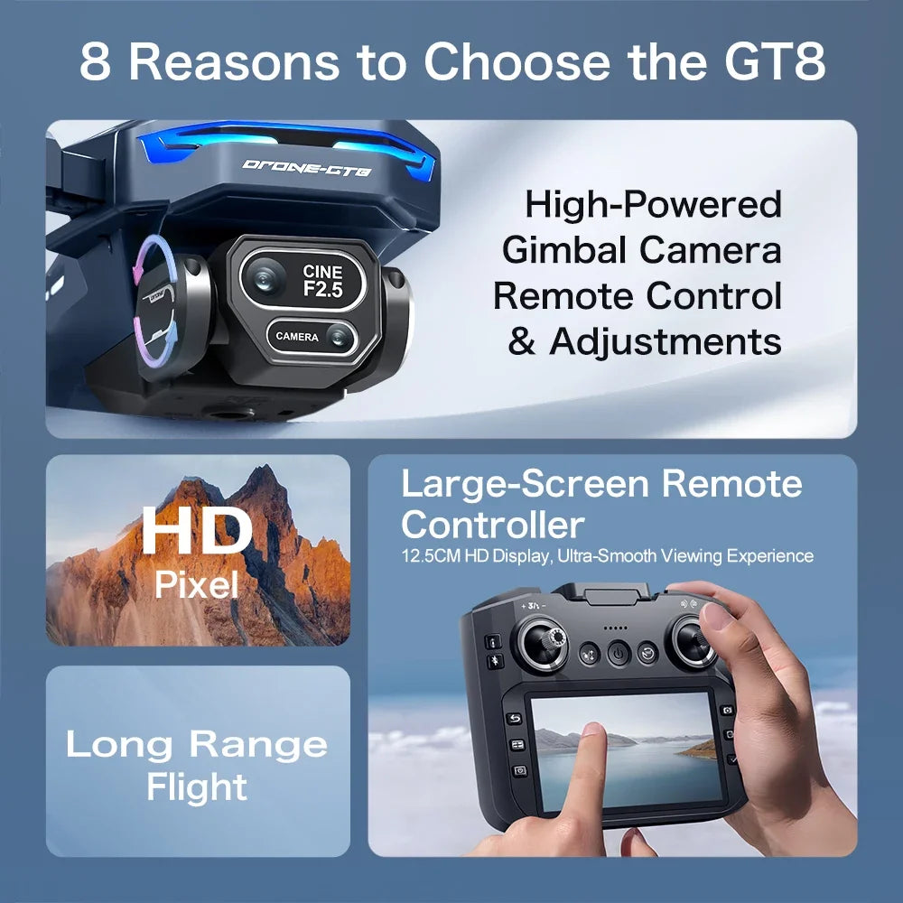 Dron Lenovo GT8 Cámara Dual 8K HD – Motor Brushless, WiFi FPV 5G, Pantalla 4.3", Plegable, Cuadricóptero