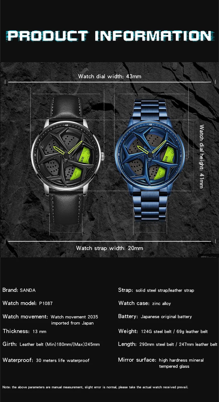 SANDA 1087 Men's Sports Quartz Watch | 360° Rotating Dial | Chronograph | Leather & Steel | Waterproof