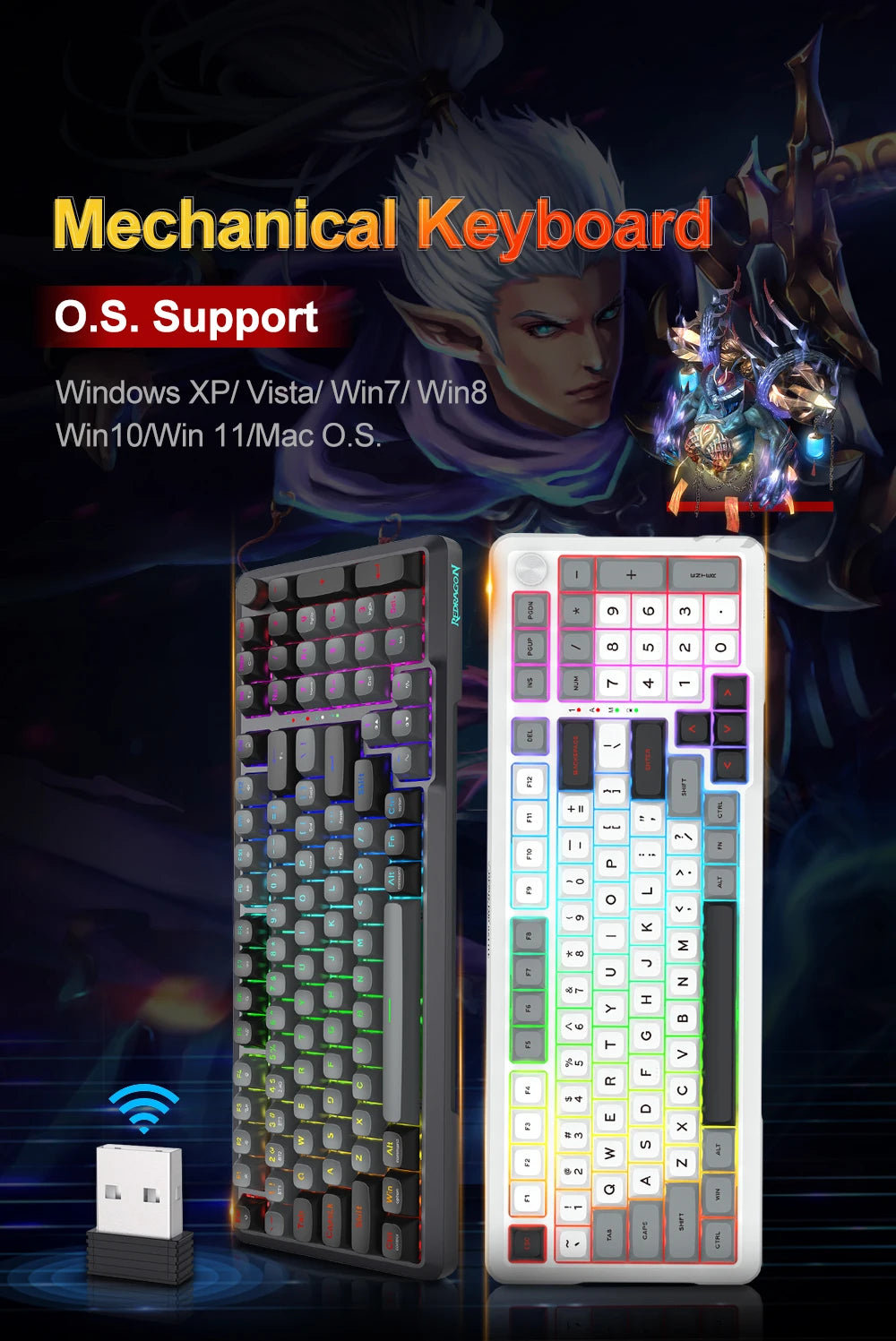 Teclado Mecánico Gaming Redragon K688 PRO | 98 Teclas | Bluetooth 5.0 + 2.4GHz + USB | Gasket | Hot-Swap | RGB | Redragon K688 PRO 98-Key Mechanical Gaming Keyboard BT 5.0 2.4GHz USB Gasket Hot-Swap RGB