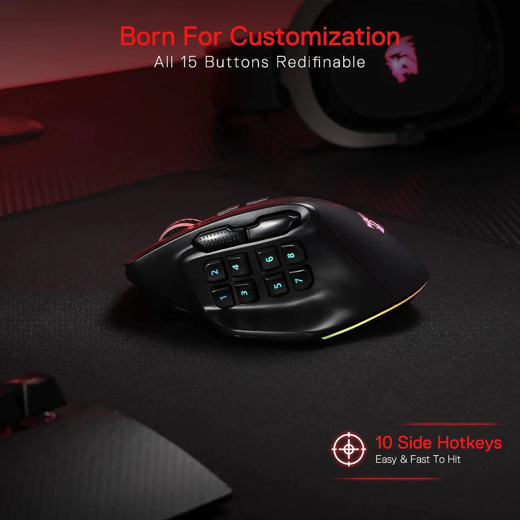 Redragon M811 PRO Wireless MMO Gaming Mouse | 26000 DPI | 15 Buttons | RGB | Pixart 3395