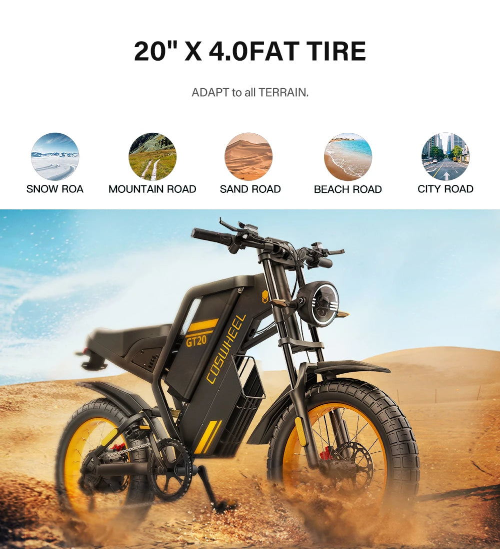 Coswheel GT20 E-Bike | 1500W/2000W/3000W | 60V 25Ah | Fat Tire 20x4.0 | 93 Millas | Shimano 7v | CE UL FCC | Off-Road