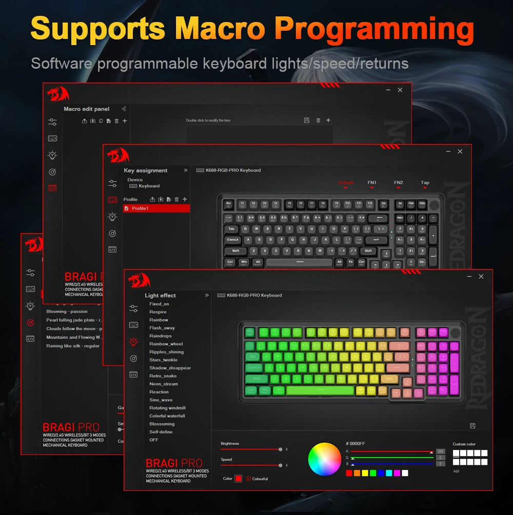 Teclado Mecánico Gaming Redragon K688 PRO | 98 Teclas | Bluetooth 5.0 + 2.4GHz + USB | Gasket | Hot-Swap | RGB | Redragon K688 PRO 98-Key Mechanical Gaming Keyboard BT 5.0 2.4GHz USB Gasket Hot-Swap RGB