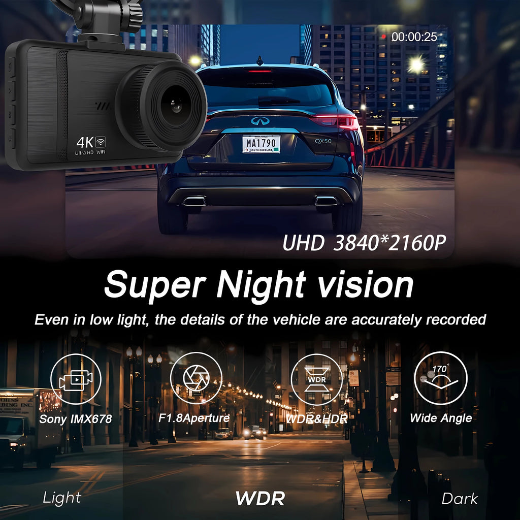 Dashcam 4K+2.5K WiFi GPS Doble Lente – Visión Nocturna, Monitor Estacionamiento 24H, Caja Negra