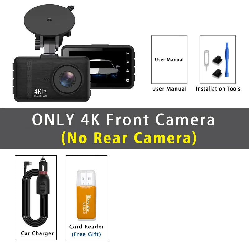 Dashcam 4K+2.5K WiFi GPS Doble Lente – Visión Nocturna, Monitor Estacionamiento 24H, Caja Negra