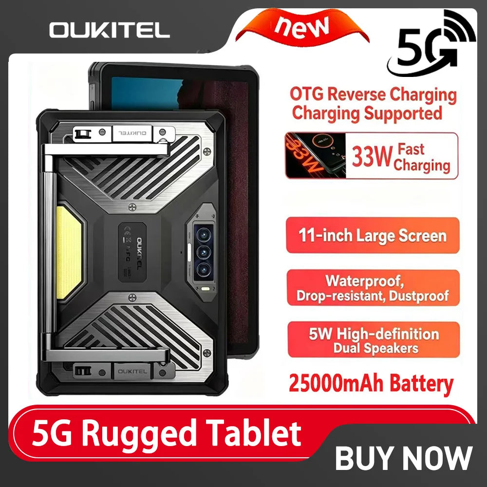 OUKITEL RT10 | Rugged Tablet 5G 25000mAh 64MP 11" FHD | Android 15 con Soporte