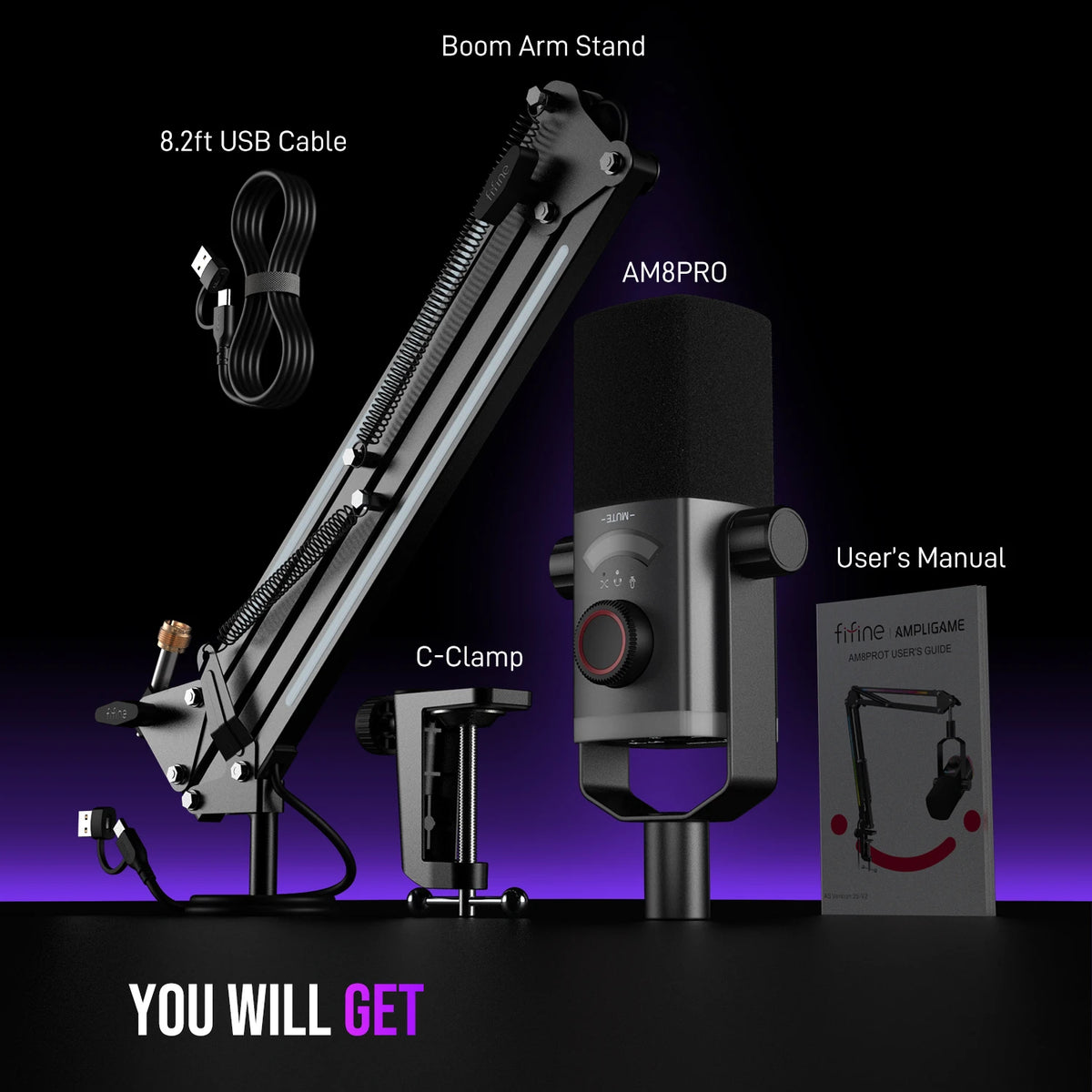 FIFINE AM8PROT | Kit Micrófono Gaming XLR/USB | Brazo Articulado | RGB | Mute | altson.shop