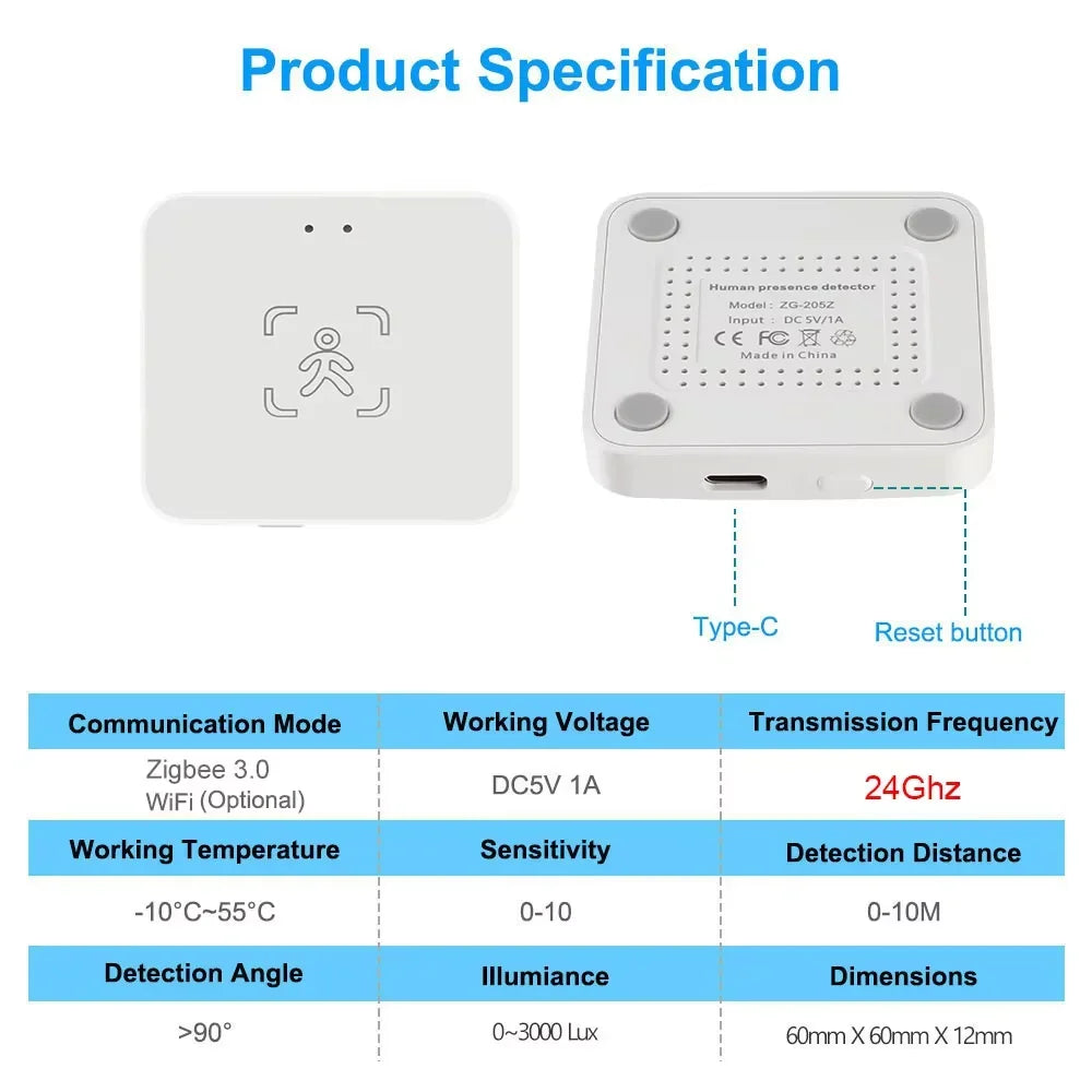 Sensor de Presencia Humana Tuya 24GHz MmWave | Zigbee & WiFi | Radar Inteligente | Compatible Home Assistant