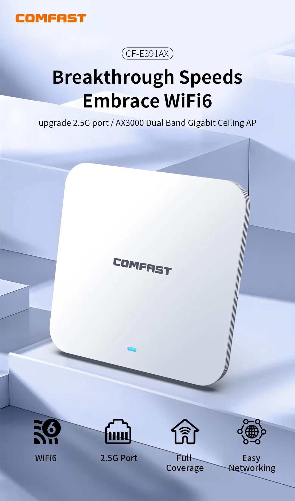 Comfast CF-E391AX Access Point WiFi 6 Techo | AX3000 | 2.5G Port | POE | Mesh | Dual Band | Empresas y Hogar