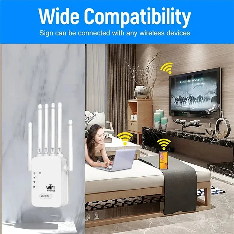 Repetidor WiFi 1200Mbps Doble Banda 2.4G/5GHz | 6 Antenas 360° | Extensor de Señal | Hogar y Oficina